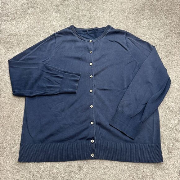 Lands' End Cardigan Sweater Mens Large Navy Blue Button Down Crew Knit Cotton - Picture 1 of 11